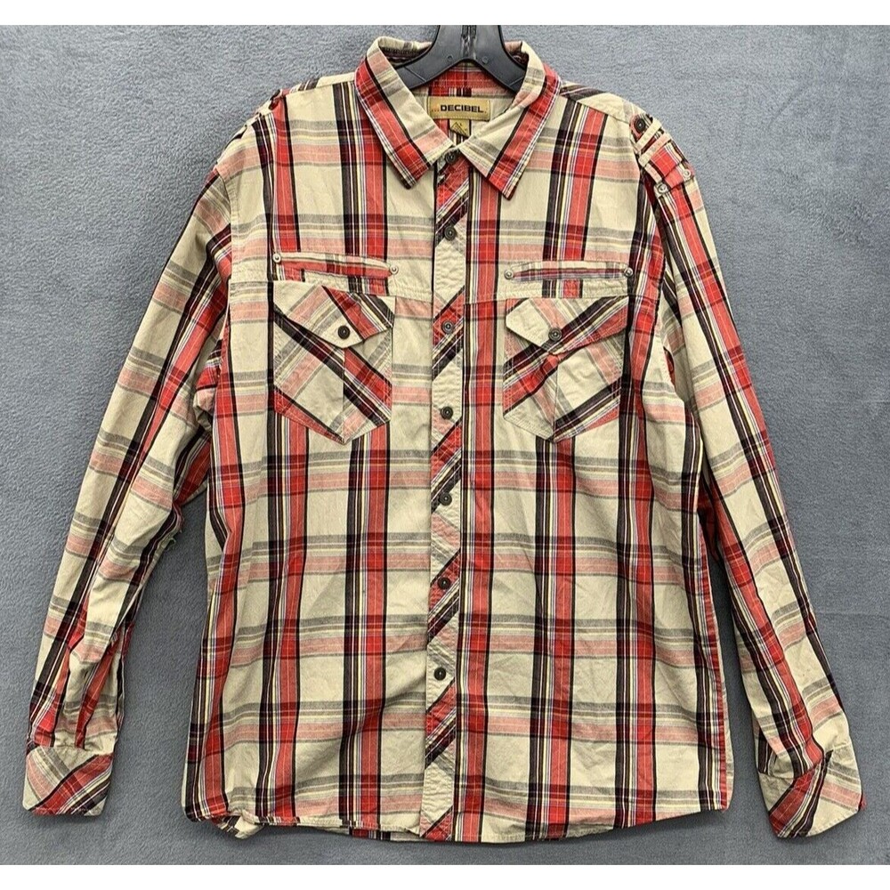 Decibel Long Sleeve Button Up Shirt Mens XL Red Beige Plaid  100% Cotton Pockets